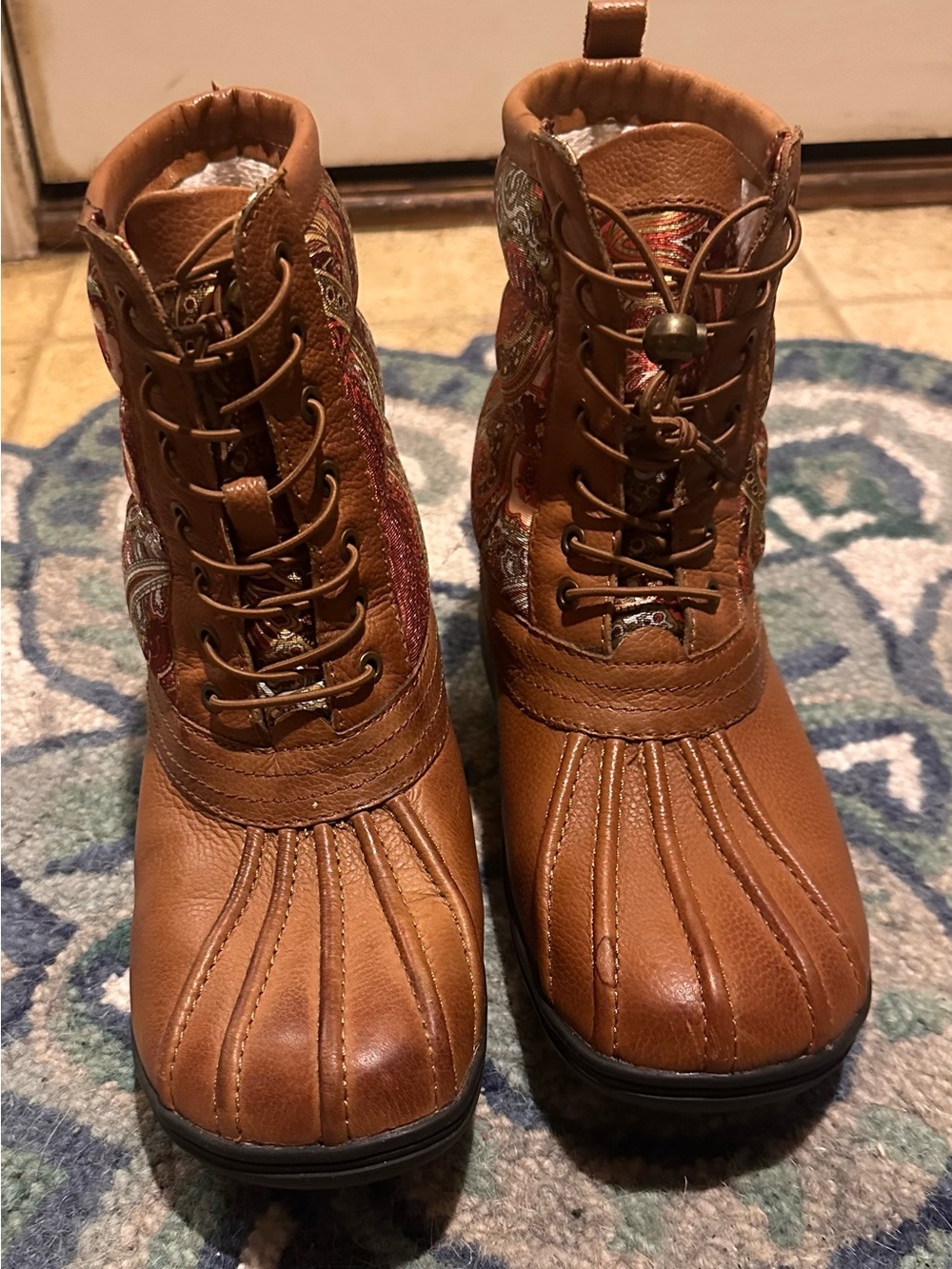Alegria Brown Lace-Up Ankle Boots with Paisley Panels